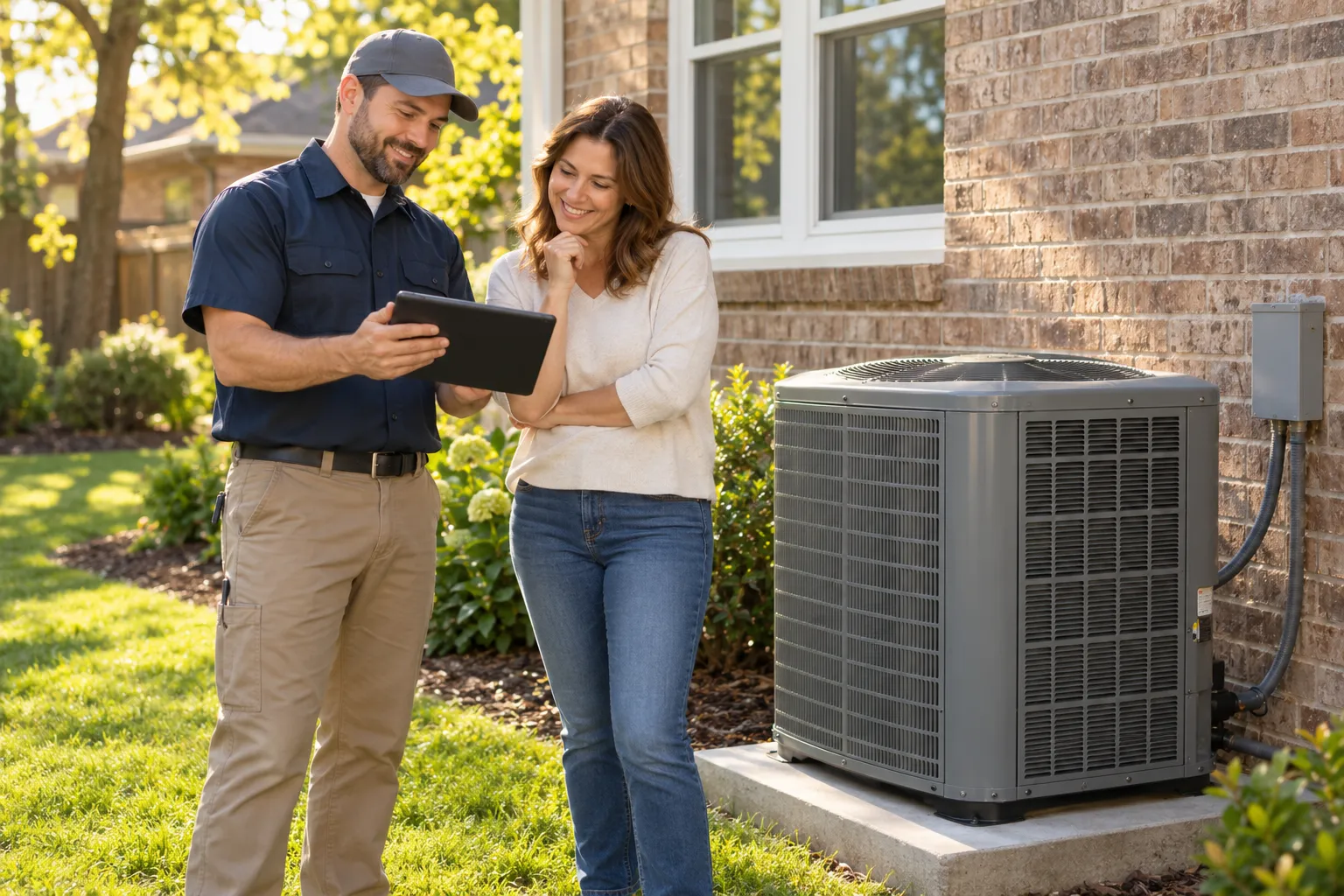 Friendly provider and homeowner reviewing a new outdoor air conditioner beside a brick house in Sandy Springs