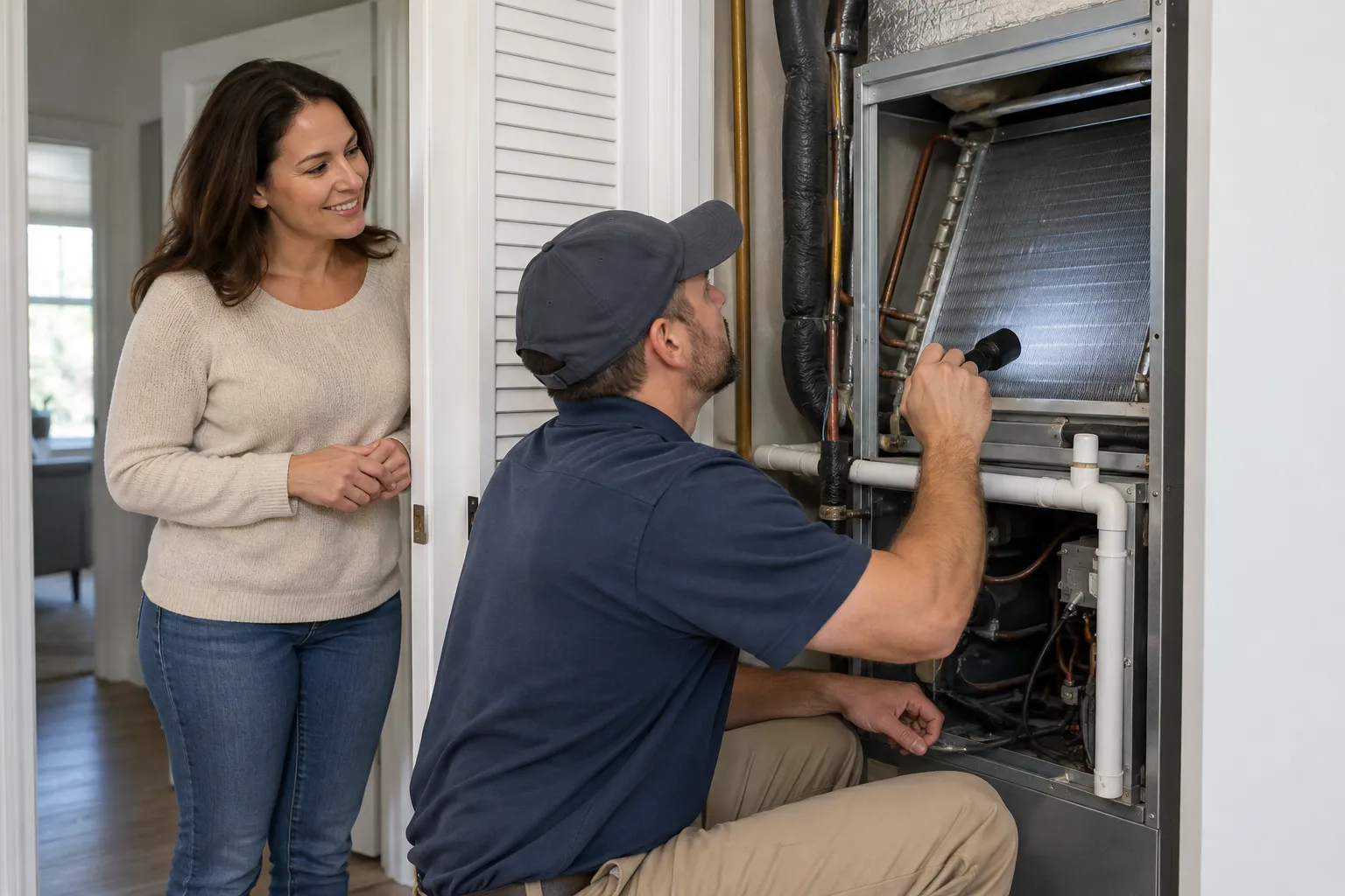 A provider checking an indoor AC air handler for a Sandy Springs homeowner